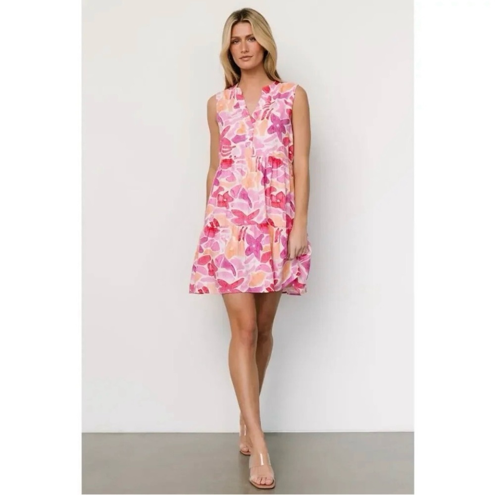 Baltic Born Pink Floral Abstract Cami Short Linen Blend Dress Size M New W/ Tag